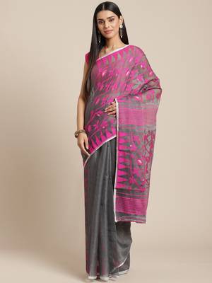 Charcoal & Pink Woven Design Jamdani Saree Without Blouse 1