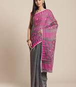 Charcoal & Pink Woven Design Jamdani Saree Without Blouse