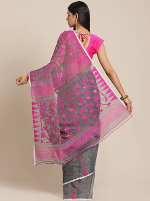 Charcoal & Pink Woven Design Jamdani Saree Without Blouse 2