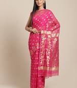 Pink & Golden Floral Woven Design Jamdani Saree Without Blouse