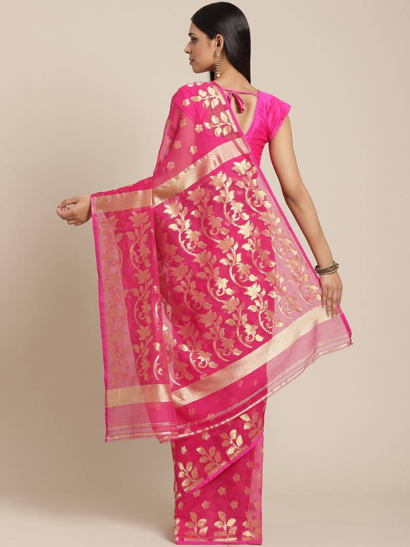 Pink & Golden Floral Woven Design Jamdani Saree Without Blouse
