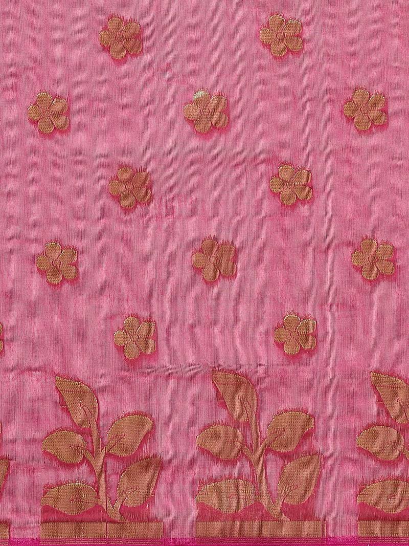 Pink & Golden Floral Woven Design Jamdani Saree Without Blouse