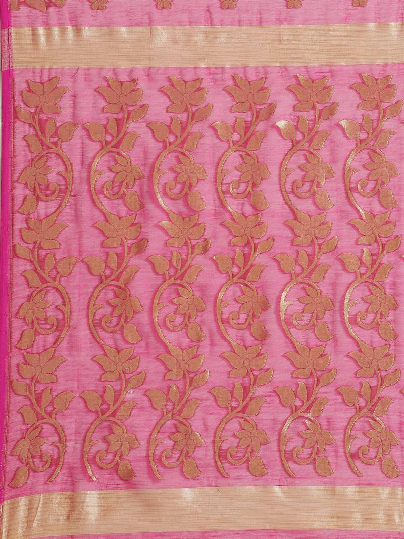 Pink & Golden Floral Woven Design Jamdani Saree Without Blouse