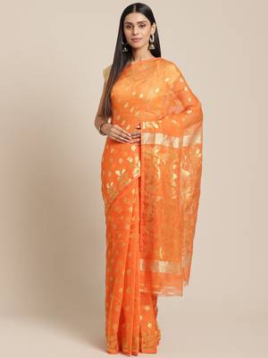 Orange & Golden Woven Design jamdani Saree 1