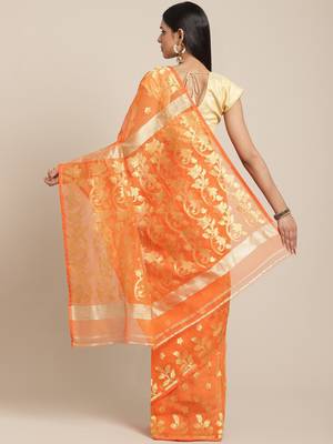 Orange & Golden Woven Design jamdani Saree 2