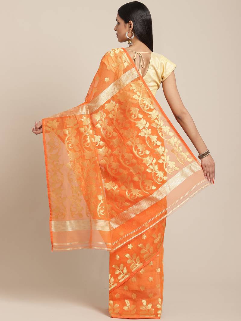 Orange & Golden Woven Design jamdani Saree