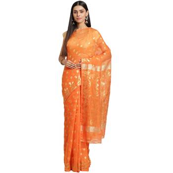 Orange & Golden Woven Design jamdani Saree 4