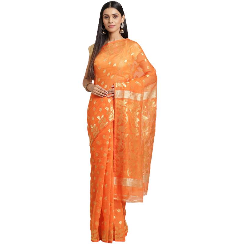 Orange & Golden Woven Design jamdani Saree