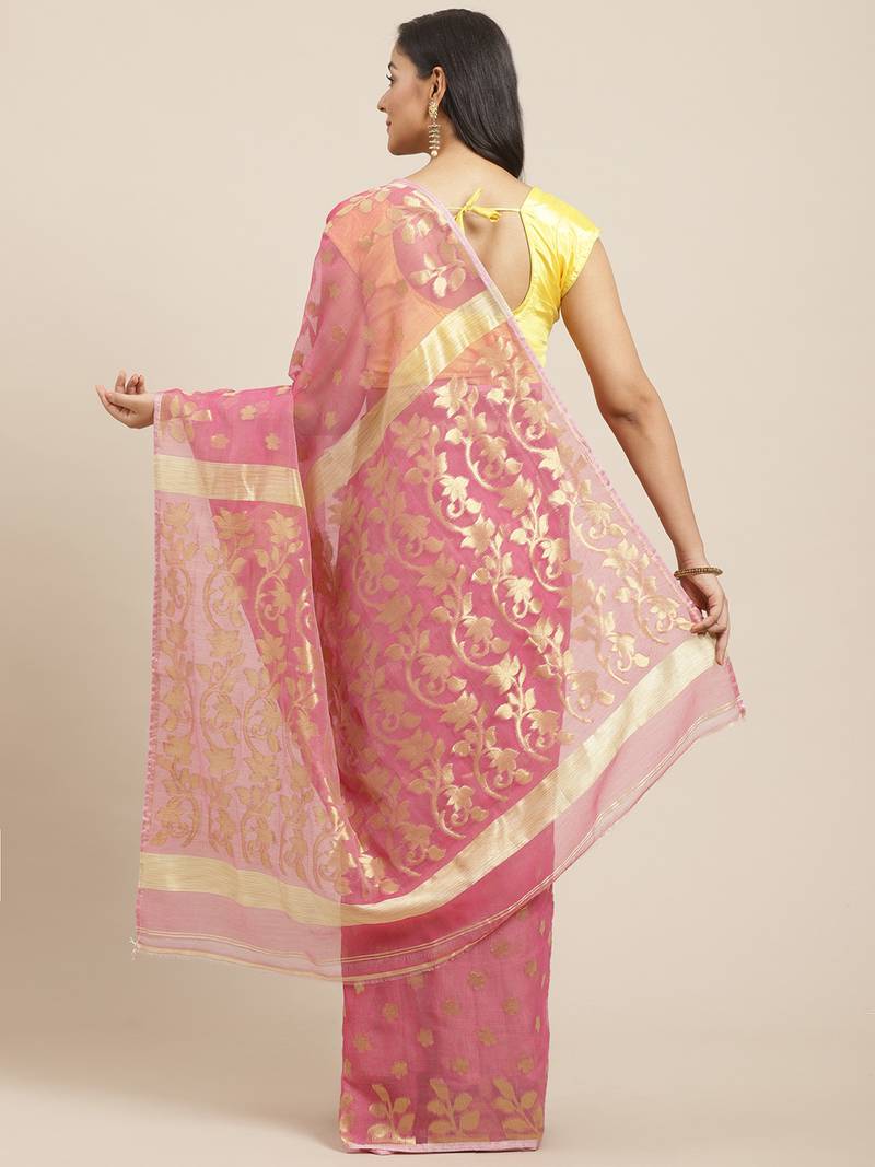 Pink & Golden Woven Design Jamdani Saree