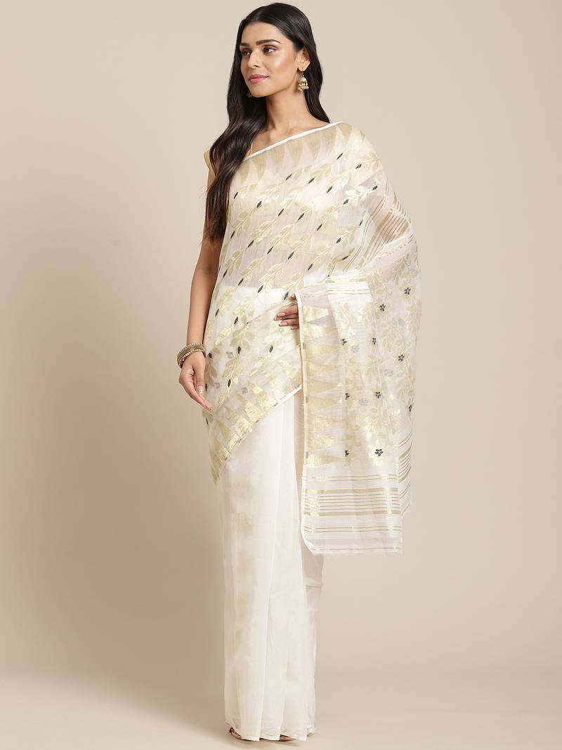 White & Golden Woven Design Dhakai Jamdani Saree