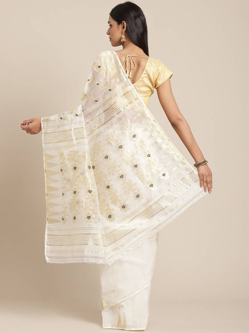 White & Golden Woven Design Dhakai Jamdani Saree