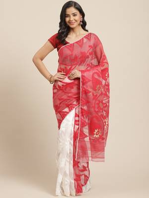 White & Red Half-&-Half Woven Design Dhakai Jamdani Saree 1