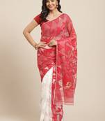 White & Red Half-&-Half Woven Design Dhakai Jamdani Saree