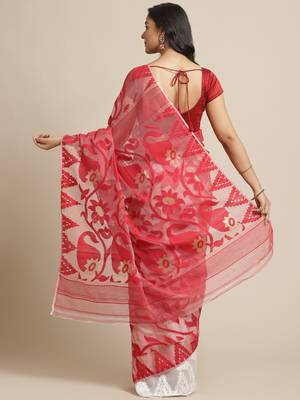 White & Red Half-&-Half Woven Design Dhakai Jamdani Saree 2