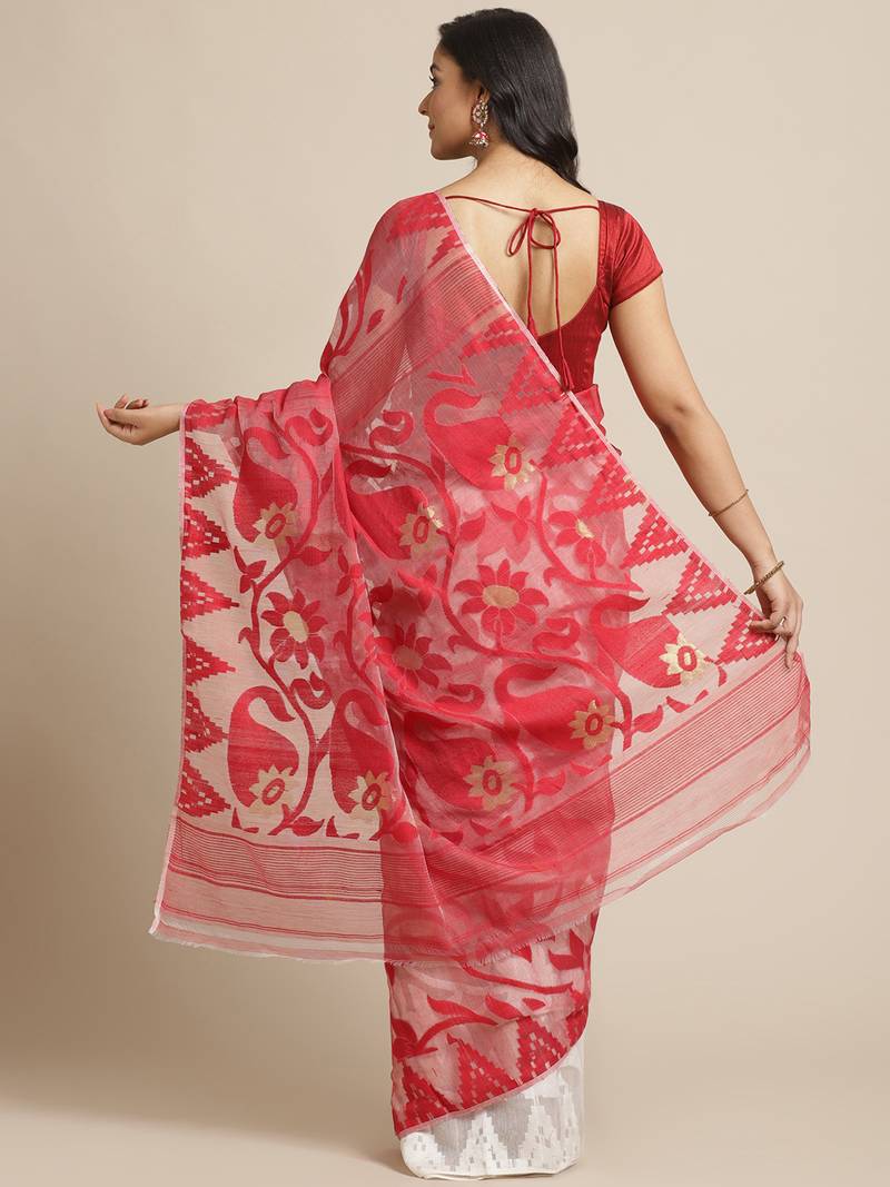 White & Red Half-&-Half Woven Design Dhakai Jamdani Saree