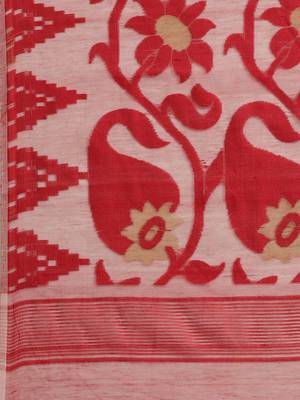 White & Red Half-&-Half Woven Design Dhakai Jamdani Saree 4