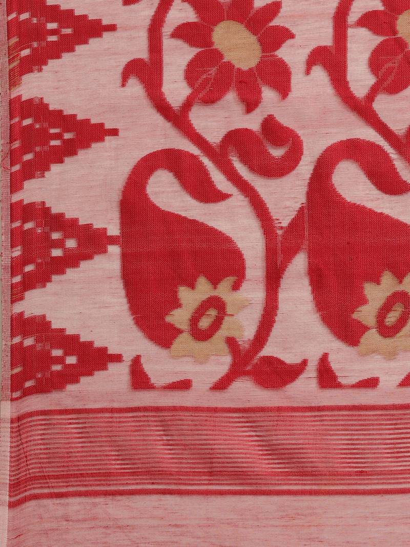 White & Red Half-&-Half Woven Design Dhakai Jamdani Saree