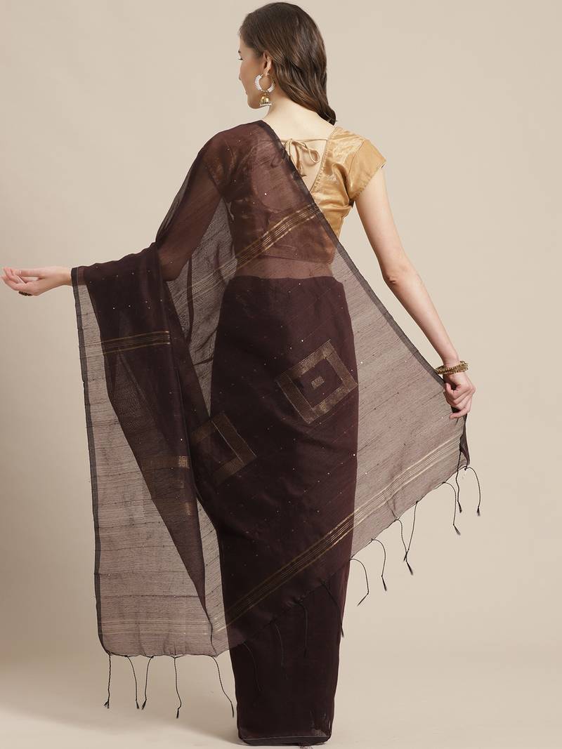 Coffee Brown Sequinned Bengal Handloom Taant Saree