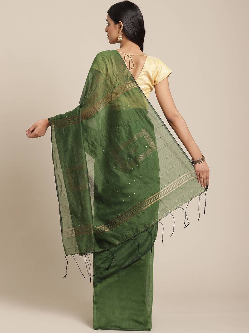 Olive Green Striped Taant Saree