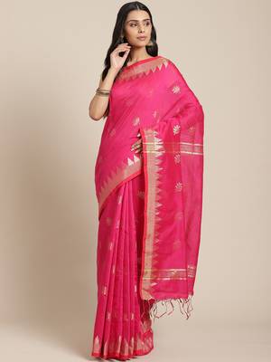 Pink & Golden Woven Design Taant Saree 1