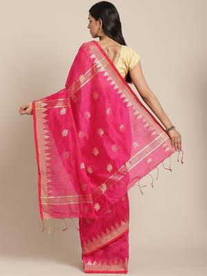 Pink & Golden Woven Design Taant Saree 2