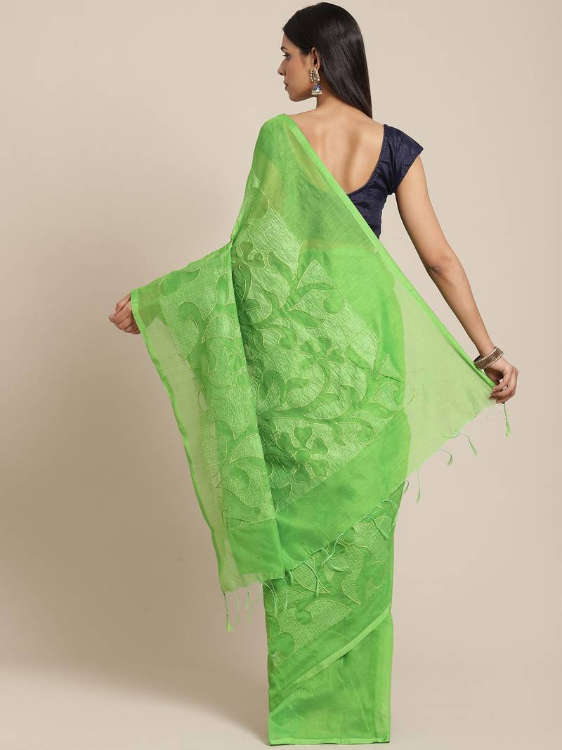 Green Embroidered Bengal Handloom Taant Saree