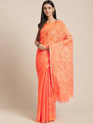 Orange Embroidered Bengal Handloom Taant Saree 1