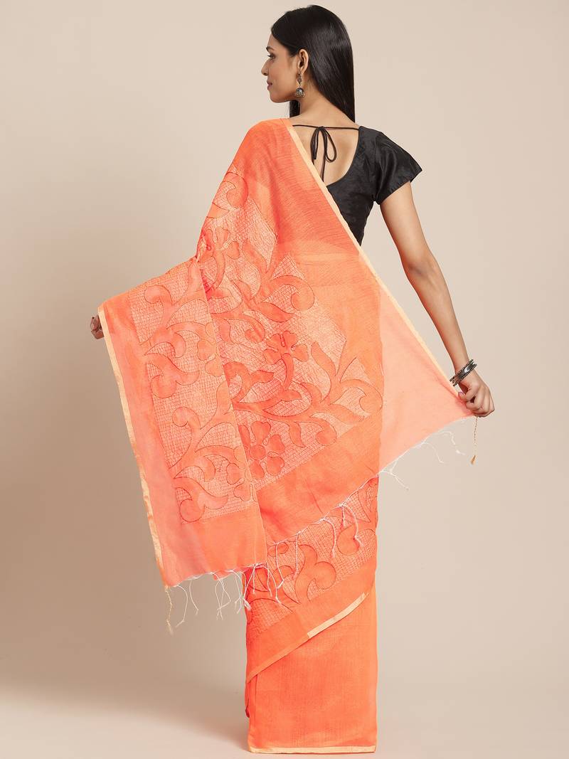 Orange Embroidered Bengal Handloom Taant Saree