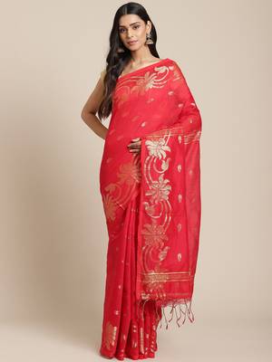 Red & Golden Woven Design Taant Saree 1