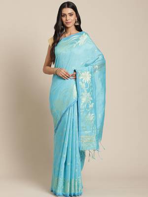Sky Blue & Golden Woven Design Handloom Taant Saree 1