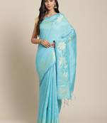 Sky Blue & Golden Woven Design Handloom Taant Saree