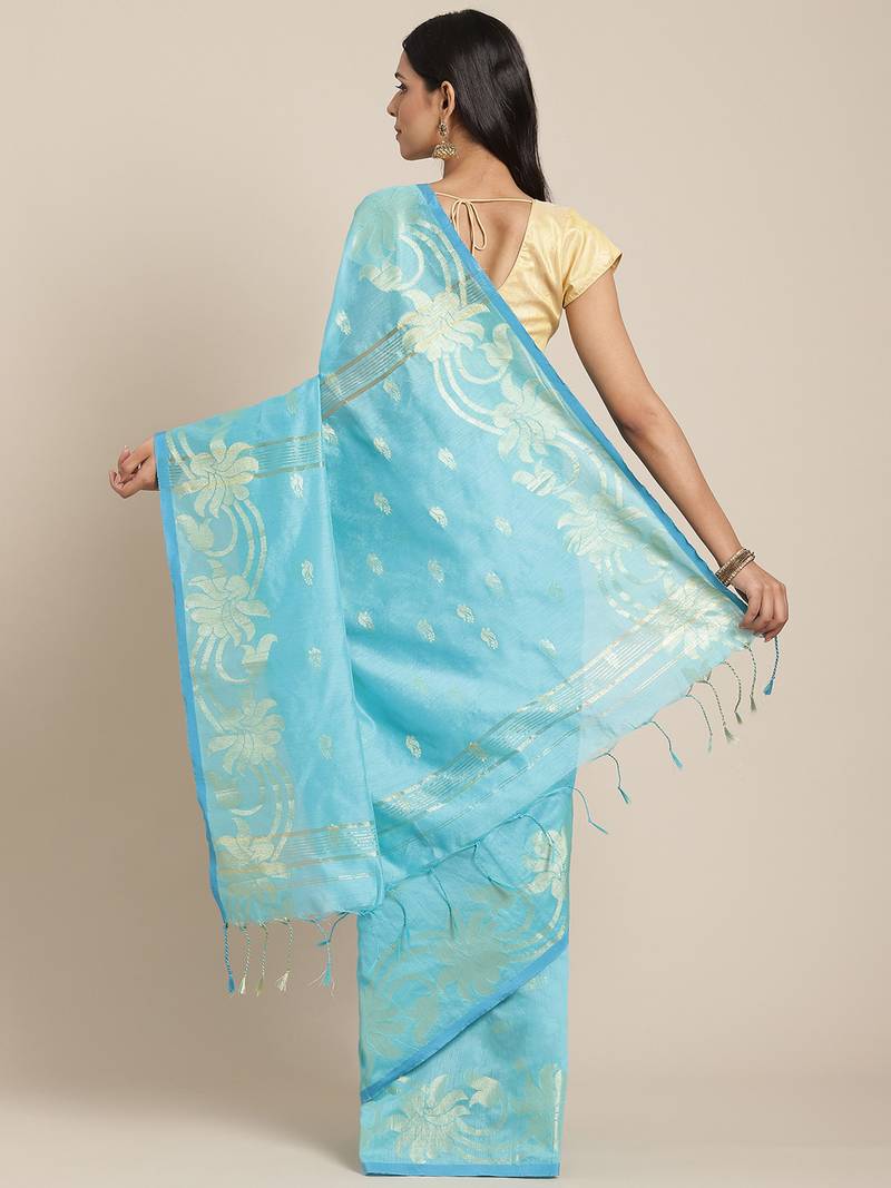 Sky Blue & Golden Woven Design Handloom Taant Saree