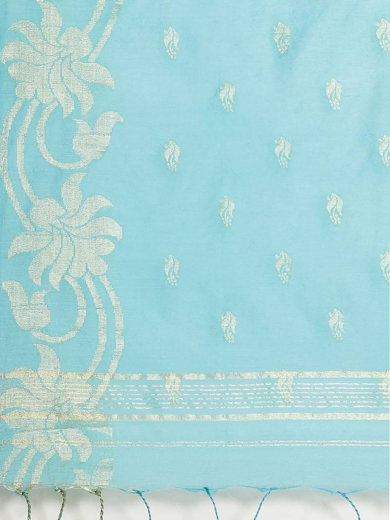 Sky Blue & Golden Woven Design Handloom Taant Saree