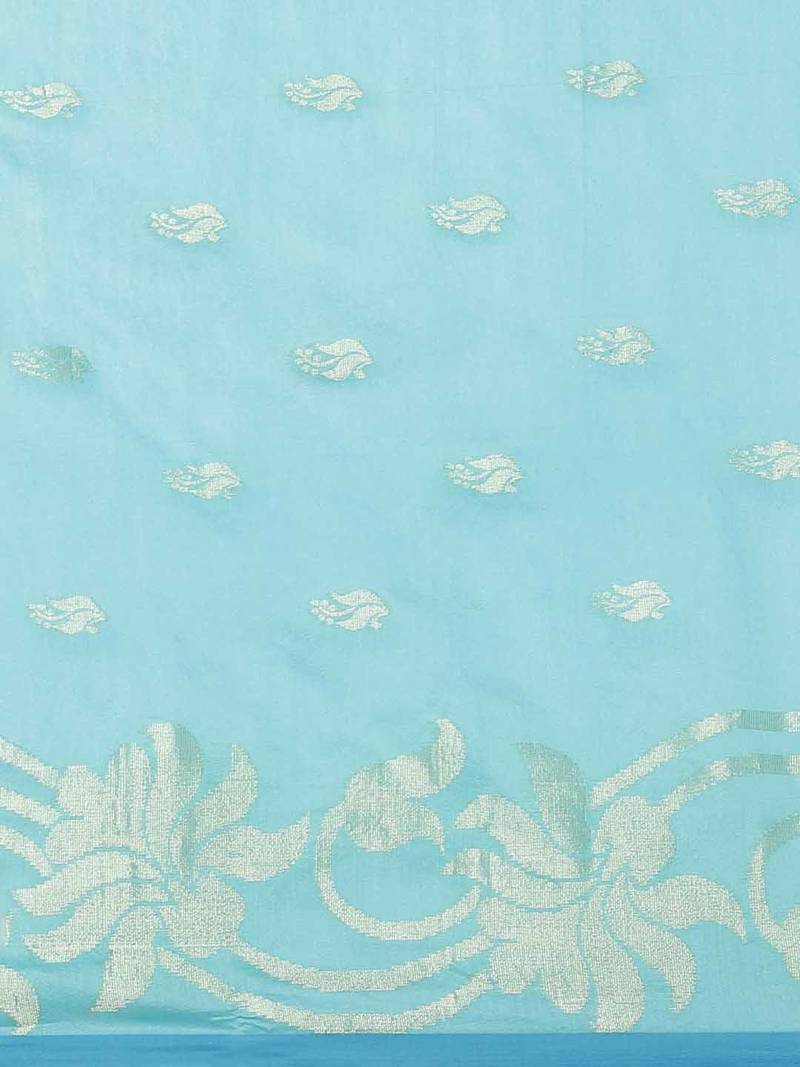 Sky Blue & Golden Woven Design Handloom Taant Saree