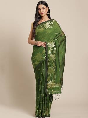 Green & Golden Woven Design Taant Saree 1