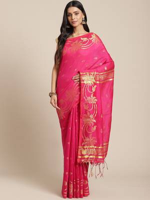 Magenta & Golden Woven Design Bengal Handloom Taant Saree 1