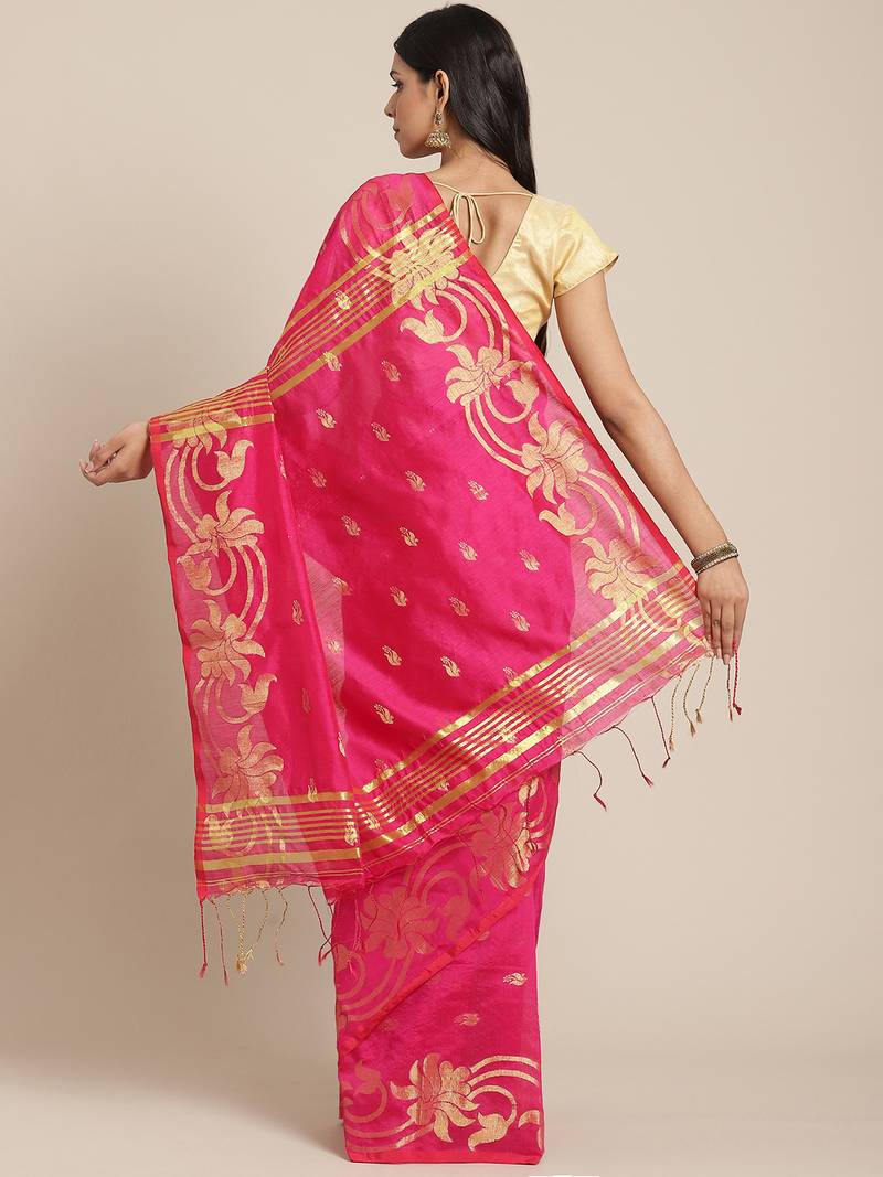 Magenta & Golden Woven Design Bengal Handloom Taant Saree