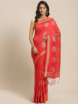 Red & Golden Bengal Handloom Zari Woven Design Taant Saree 1