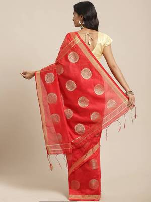 Red & Golden Bengal Handloom Zari Woven Design Taant Saree 2
