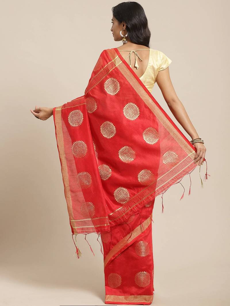 Red & Golden Bengal Handloom Zari Woven Design Taant Saree