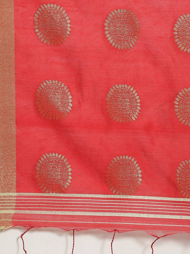 Red & Golden Bengal Handloom Zari Woven Design Taant Saree