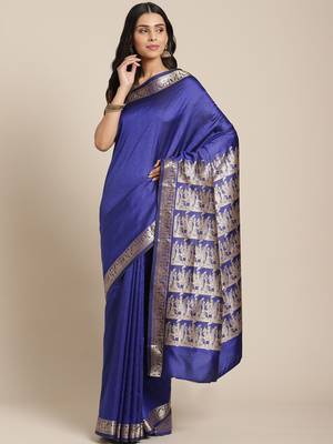 Blue & Golden Leaf Woven Design Bengal Handloom Taant Saree 1