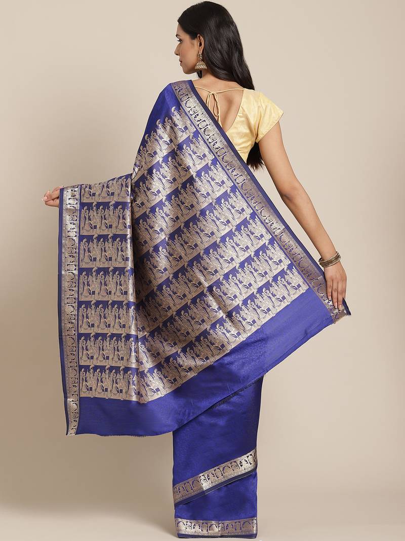 Blue & Golden Leaf Woven Design Bengal Handloom Taant Saree