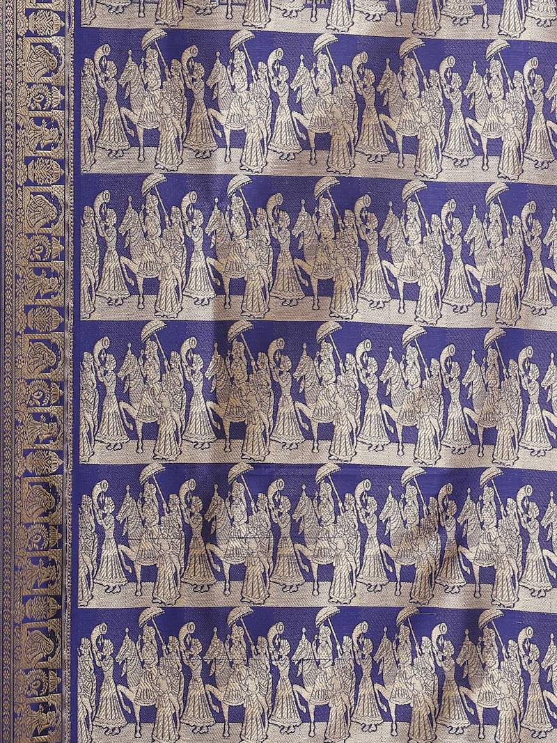 Blue & Golden Leaf Woven Design Bengal Handloom Taant Saree