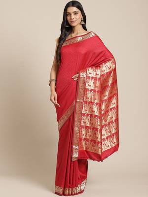 Red & Golden Woven Design Taant Saree 1