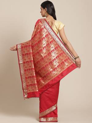Red & Golden Woven Design Taant Saree 2