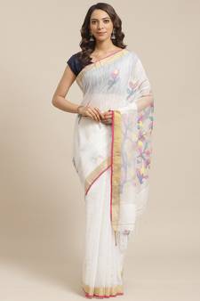 White Pure Silk Woven Design Jamdani Handloom Saree Without Blouse