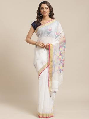 White Pure Silk Woven Design Jamdani Handloom Saree Without Blouse 1