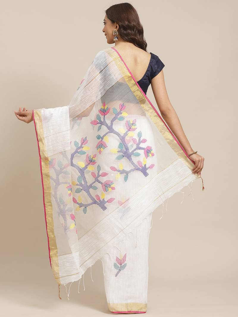 White Pure Silk Woven Design Jamdani Handloom Saree Without Blouse