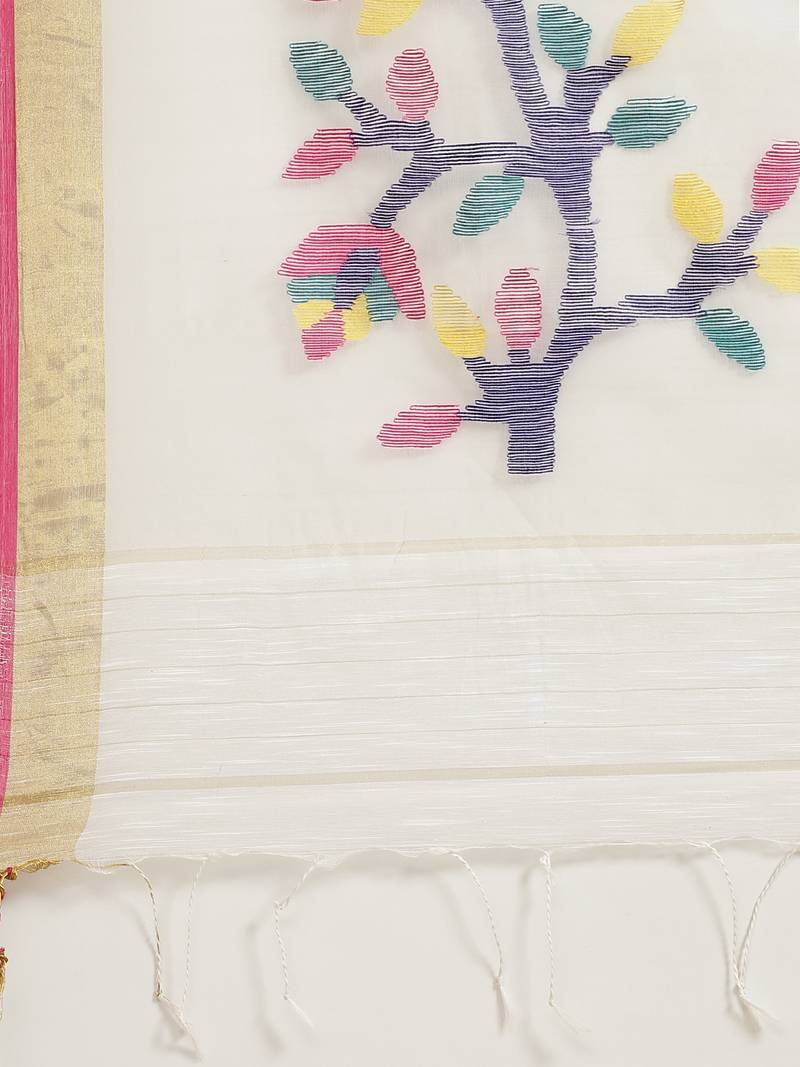 White Pure Silk Woven Design Jamdani Handloom Saree Without Blouse